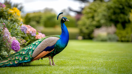 Colorful Peacock Standing Gracefully in a Lush Garden Setting