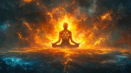 Fiery Cosmic Meditation Human Silhouette Against Intense Flames. Generative AI