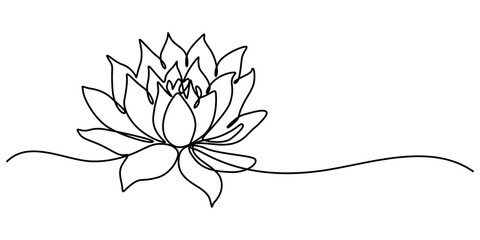 Lotus Water Lily Continuous Line Illustration, Lotus flower in single continuous line drawing style for logo or emblem. Water lily outline vector illustration for yoga studio, spa, zen center, minimal