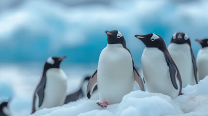 Obraz premium Group of Penguins Huddling Together on an Icy Surface
