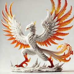 A majestic white and gold phoenix sculpture with intricate feather details and dynamic wings in a graceful pose
