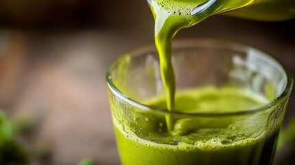 Smooth and creamy soy milk being poured into a matcha iced tea, creating a healthy vegan beverage