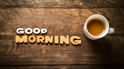 Copa de café junto a texto en el que se lee Buenos días sobre mesa de madera © Flux Imagery