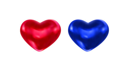 Pair of glossy red and blue 3d hearts. Symbols of love, romantic. Vector illustration for wedding invitation, romantic greeting card, valentine, certificate, banner