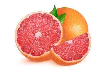 grapefruits on isolated white background. Whole grapefruit, slice and half with green leaves