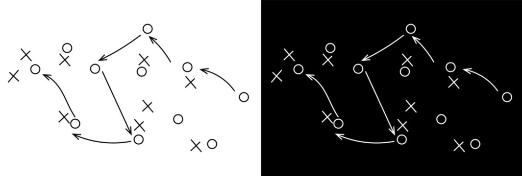  Soccer Match game strategy and tactic plan line icon. isolated on white and black background. Playbook of coach. Strategic organization on field for learning.Vector graphics. stock illustration,eps10