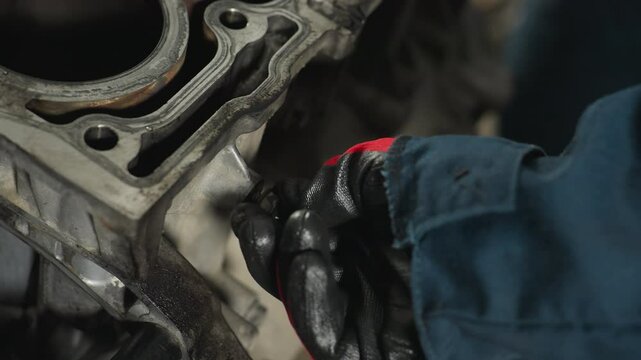 Close-up of hand in red glove tightening nut on block engine, showcasing precision and mechanical expertise in automotive workshop, emphasizing detailed repair and maintenance work