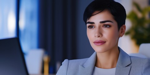 Fototapeta premium Focused Businesswoman Working at Her Desk with Computer in Modern Office