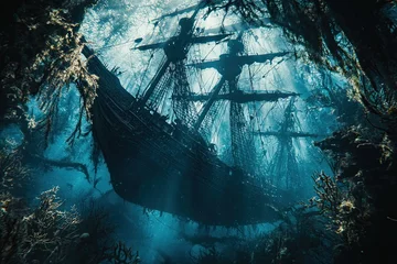 Fototapeten A sunken tall ship in an old ship wreck at the bottom of a deep blue sea, depicted in an underwater landscape 3d render © Alexej