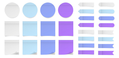 Set of square and round paper stickers. Stick in notes. White, blue and purple colors. Multicolor post it notes. Sheets of paper. Tag, sticky note. Pointed bookmarks