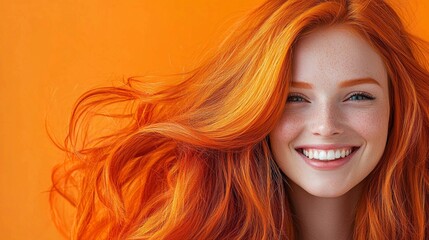 Fototapeta premium A joyful woman with striking red hair plays with her locks while laughing against a vivid orange background. Her radiant smile conveys a sense of happiness and warmth in a sunny setting