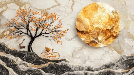 A black tree on a marble background, a golden deer and orange bicycles, a sphere on a golden brown background. 3d illustration modern boho minimalist horizontal abstract wall poster painting on a