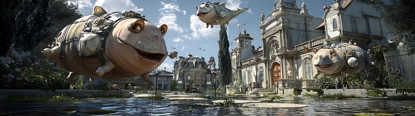 Fototapeta premium Fantasy town, flying fish, steampunk aesthetic, canals, concept art