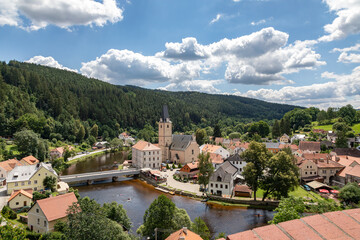 Rozmberk town panorama with Church of St. Nicholas, Rozmberk nad Vltavou, Czech Republic