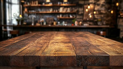A beautifully crafted wood table top takes center stage with a softly blurred kitchen in the background, inviting creativity for product montage and elegant design layouts
