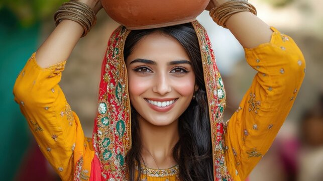 A Pakistani woman dressed in a vibrant lehenga choli adorned with intricate embroidery, smiling while holding a clay pot on her head, with a traditional village setting behind her