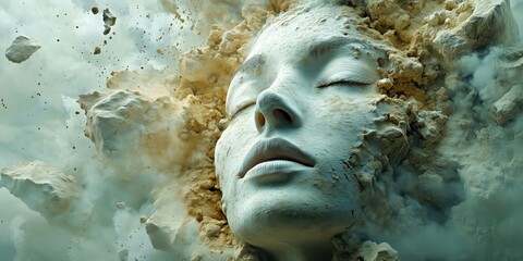 Surreal artistic portrait of a woman’s serene face breaking through crumbling stone