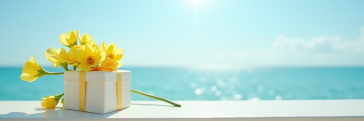 A serene coastal scene featuring cheerful yellow flowers in a gift box, perfect for celebrations, occasions, or promotions related to love, joy, and nature.