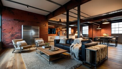 Fototapeta premium Industrial-Style Living Room with Exposed Brick Wall and Metal Beams