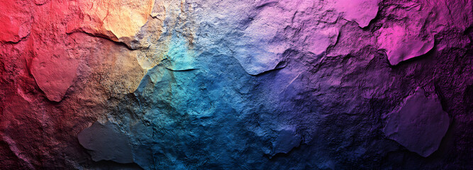 Naklejka premium Abstract background with a gradient of blue, purple, green, and pink on a textured stone wall, with a neon light effect. Modern banner design for a website