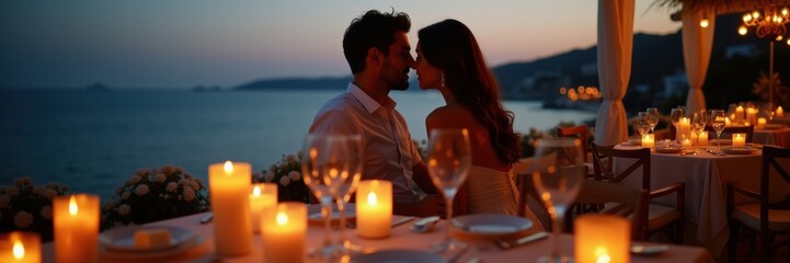 Romantic dinner for two by the seaside at dusk, featuring candlelight and a serene atmosphere, perfect for celebrating love and special moments.