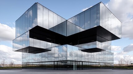 Modern glass office building, sky reflection, urban landscape, business architecture