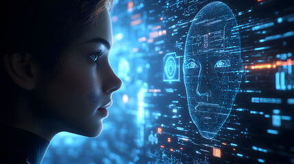 Digital female profile with a futuristic interface and AI elements on a blue background, a technology concept