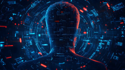 Digital human photo from the back with a futuristic interface and AI elements on a blue background, a technology concept