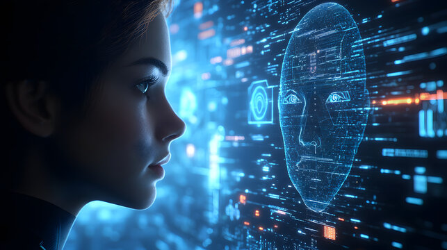 Digital female profile with a futuristic interface and AI elements on a blue background, a technology concept