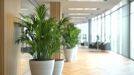 A modern office space adorned with green plants and a contemporary design, ideal for corporate and design environments.