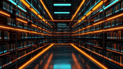 Fototapeta premium A futuristic library with glowing bookshelves.
