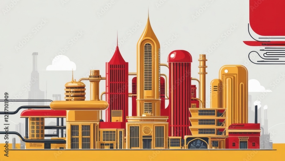 Poster An industrial factory with a tall tower and various machines and structures inside