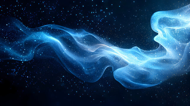 Ethereal Abstract Blue Light Waves: Wispy Glowing Particles in a Beautiful Cosmic Background for a Dreamy, Serene, and Vibrant Night Atmosphere with Smooth Fluid Energy and Elegant Design