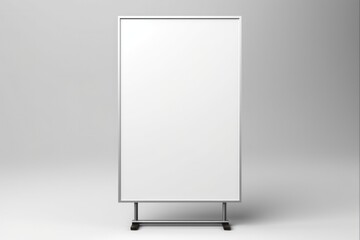 Vertical Metal Sign Stand for Indoor Advertising. Blank White Board on Racked Pedestal. 3D Rendering of Lobby Menu or Street Billboard Poster