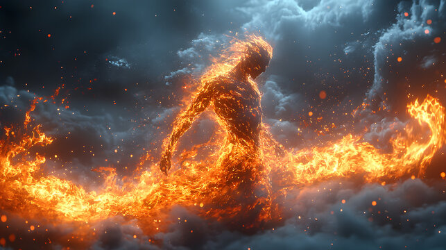 Enchanting Ethereal Fire Flames: A Glowing Dynamic Transformation of Energy and Power in Abstract Landscape Silhouette with Mystical Blue and Orange Dramatic Illumination and Intense Movement