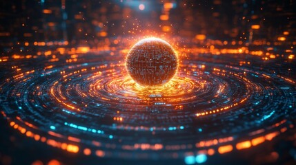 Fiery Digital Sphere on Dynamic Technological Background. Generative AI