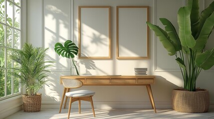 Modern Home Office with Large Windows and Indoor Plants. Generative AI