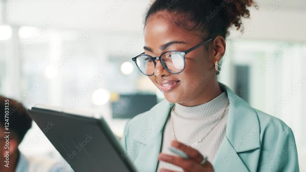 Fototapete Woman, software developer and writing with tablet for UI testing, UX or app development at office. Female person, web designer or technology with pen for online prototype or AI platform at workplace