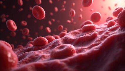 Naklejka premium Imagen ampliada de glóbulos rojos con fondo de profundidad, destacando su importancia en el transporte de oxígeno en el cuerpo humano