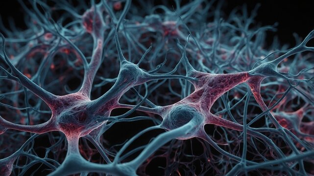 Red de neuronas interconectadas y axones azules y p&uacute;rpuras, perfecta para ilustraciones cient&iacute;ficas y m&eacute;dicas