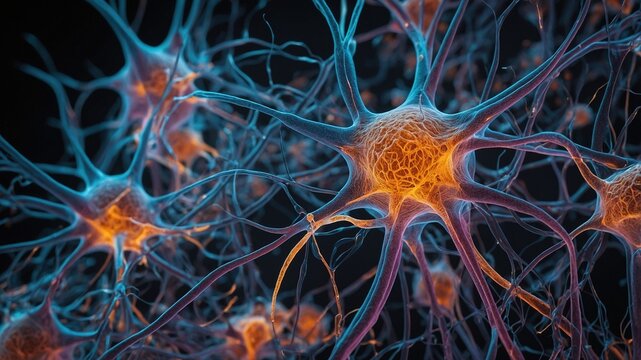 Ilustraci&oacute;n detallada de neuronas con cuerpos celulares y axones en colores brillantes, ideal para conceptos educativos y cient&iacute;ficos
