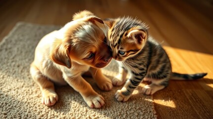 Adorable Puppy and Kitten Friends Outdoors at Sunset