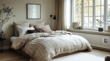 Contemporary Bedroom Design with Plaid Bedding and Natural Accents. Generative AI