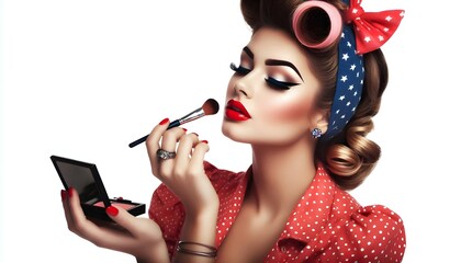pin up girl applying makeup, beautiful vintage woman with cosmetics, isolated on white