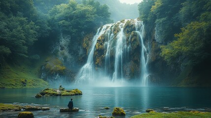 Misty waterfall surrounded by mossy rocks