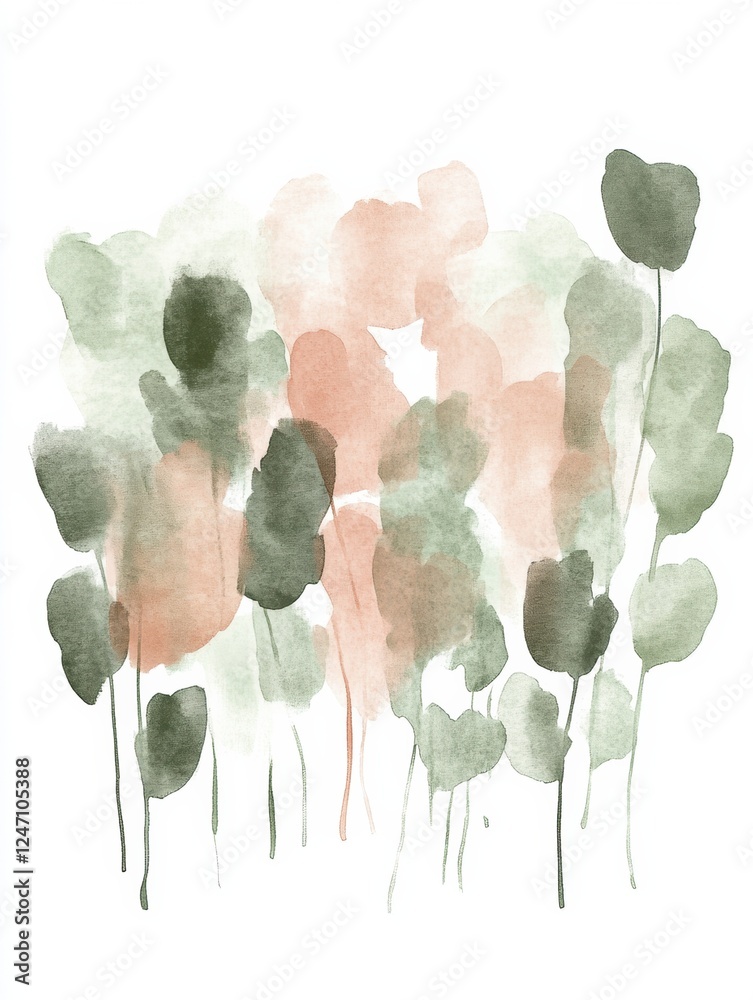 Poster Watercolor illustration of soft green and peach abstract leaves in a serene composition. Generative AI