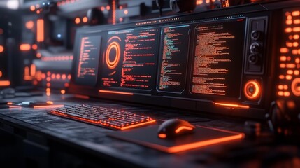 High-Tech Cyber Security Operations Center with Multiple Screens. Generative AI