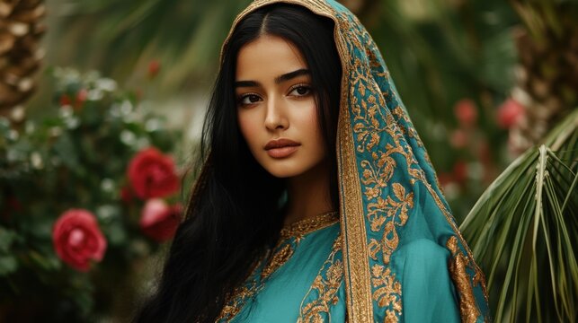 A young Arab woman in a turquoise jalabiya embroidered with golden patterns, walking through a lush garden filled with roses and date palms, with a cascading water fountain nearby