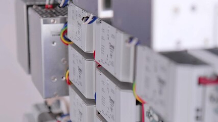 An electrical panel for the organization of electricity supply to the apartment. Close-up. Soft focus.