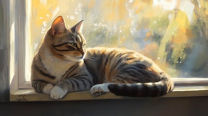 A serene cat resting by the window in warm sunlight.